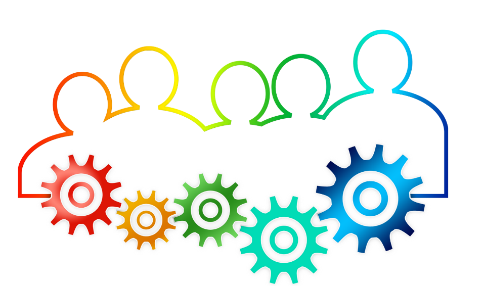 Illustration of a group of people with intersecting cogs.