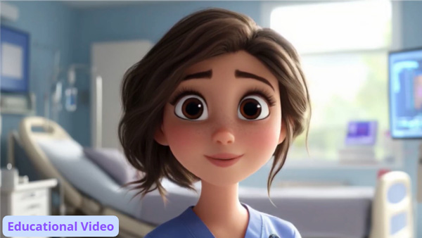 A cartoon nurse in a hospital room in a scene from an educational video about communication for care of preterm infants
