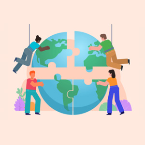 Illustration of four different people fitting a globe together