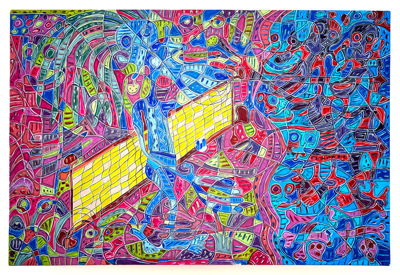 Abstract painting of a figure walking with a large rectangular object towards some other figures and faces