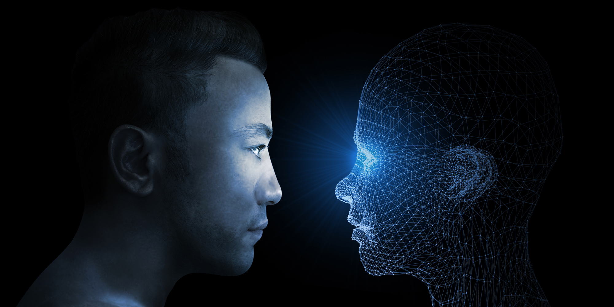 A human face looks at an AI generated face