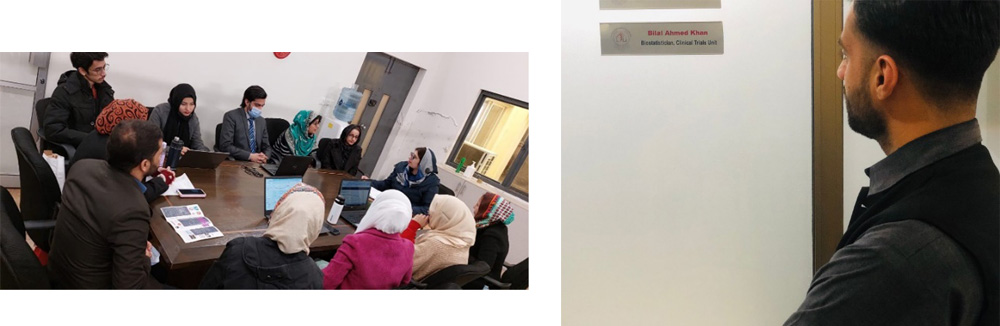 Pic 1: A group of researchers in Pakistan sit at a table, Pic 2: Bilal Ahmad Khan stands outside his office