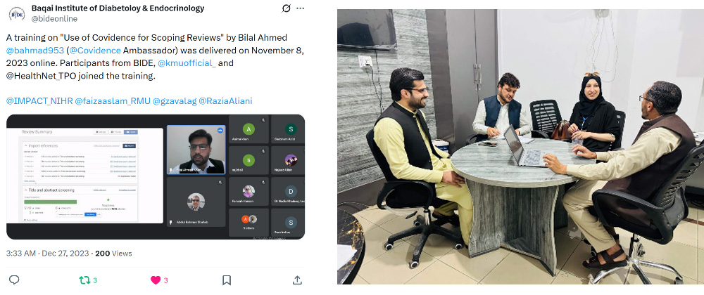 A social media post about training the author has conducted and an image of the author in a round table discussion with other researchers.