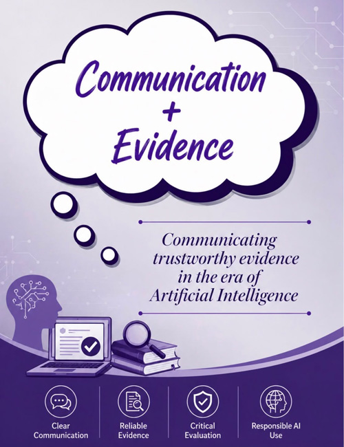 A poster promoting Communication + Evidence with images of thought bubbles, brain connections, a laptop and some books with a magnifying glass. Other icons include, Clear communication, Reliable Evidence, Critical Evaluation and Responsible AI Use.