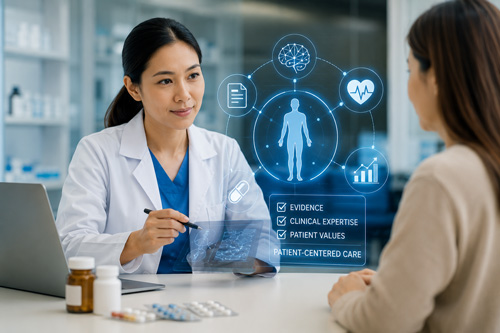 A pharmacist discusses medication with a patient