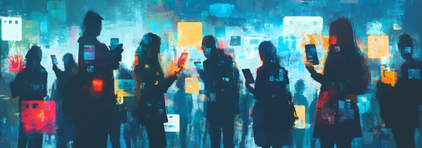 Painting of a group of people looking at glowing screens with abstract screens floating in the air