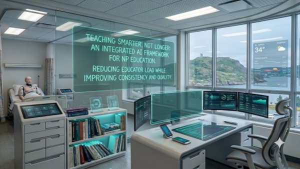 A teaching ward at a hospital with a bed, a desk and a transparent screen showing the heading, 'Teaching smarter, not longer: An integrated AI framework for NP education. Reducing educator load while improving consistency and quality.