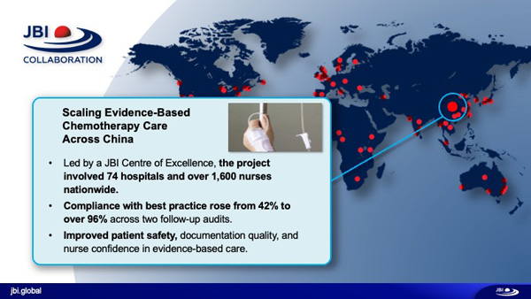 A global map showing the impact location of a story which is detailed in an inset - 'Scaling Evidence-Based Chemotherapy Care Across China'