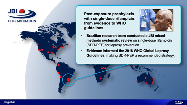 A global map showing the impact location of a story which is detailed in an inset - 'Post-exposure prophylaxis with single-dose rifampicin: from evidence to WHO guidelines'