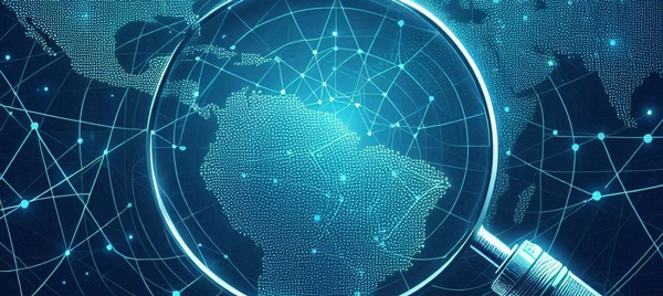 Map of the world with a magnifying glass focusing on South America. A network of glowing dots and lines are connected all over the world. 