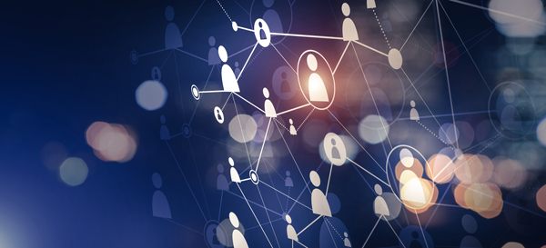 Digital image of glowing people icons are connected by lines representing different paths to patient communication 