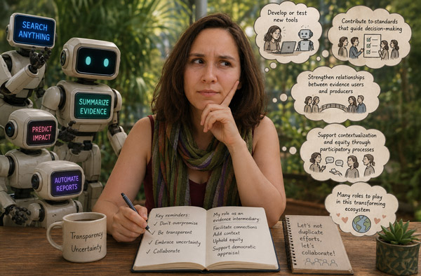 The author, Laura Boeira, writes in a notebook about her role as an evidence intermediary. She is surrounded by AI robots on one side and her own thought bubble on the other.