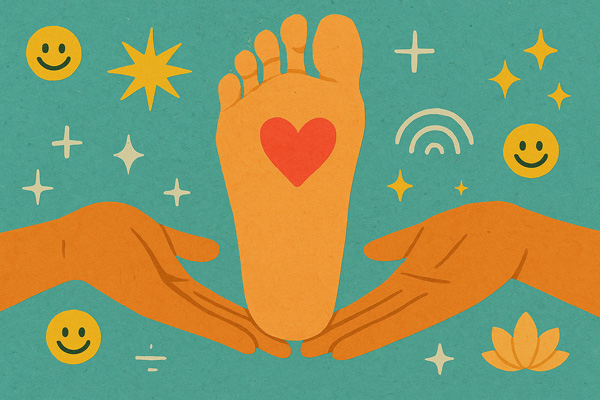 Illustration of two hands holding a foot with a heart shape on it's sole