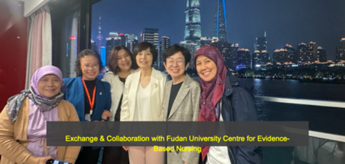 Group of people pose with a caption 'Exchange and Collaboration with Fudan University Centre for Evidence Based Nursing'
