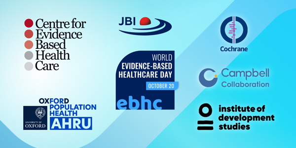 Blue background showing all the organising partner logos for World EBHC Day 2024, including JBI, Cochrane, Campbell Collaboration, Institute of development studies, AHRU and CEBHC 