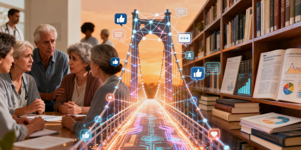 A group of concerned older adults sit with doctors, overlaid by digital icons linking healthcare and AI