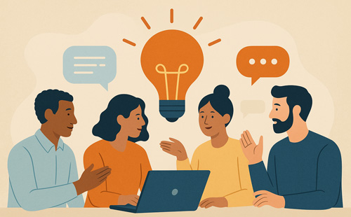 Illustration of four people talking about evidence-based healthcare over a laptop with a large light bulb indicating an idea