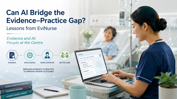 A clinician using EviNurse on a laptop in a clinical setting with a patient in the background