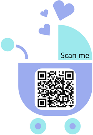 A QR code within an illustration of a baby carriage