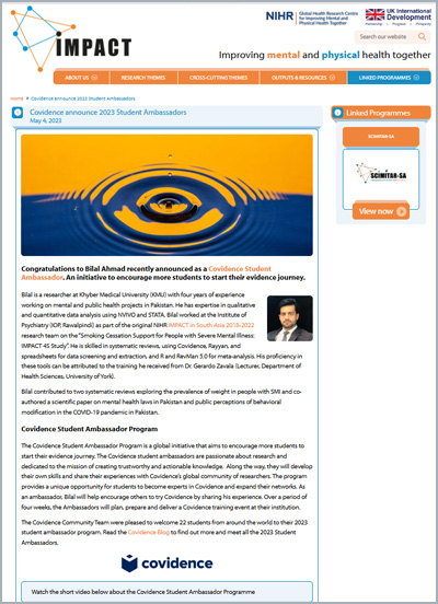 Announcement of Bilal Ahmad as a Covidence Student Ambassador on the Impact website