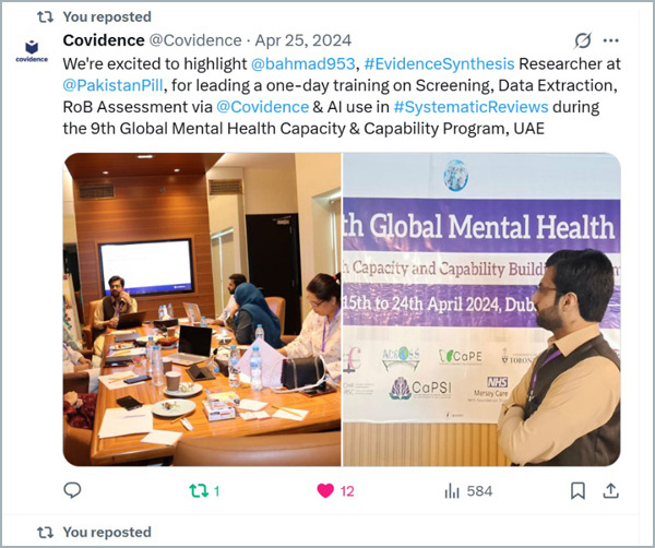 Covidence tweets about a training session lead by Bilal Ahmad Khan